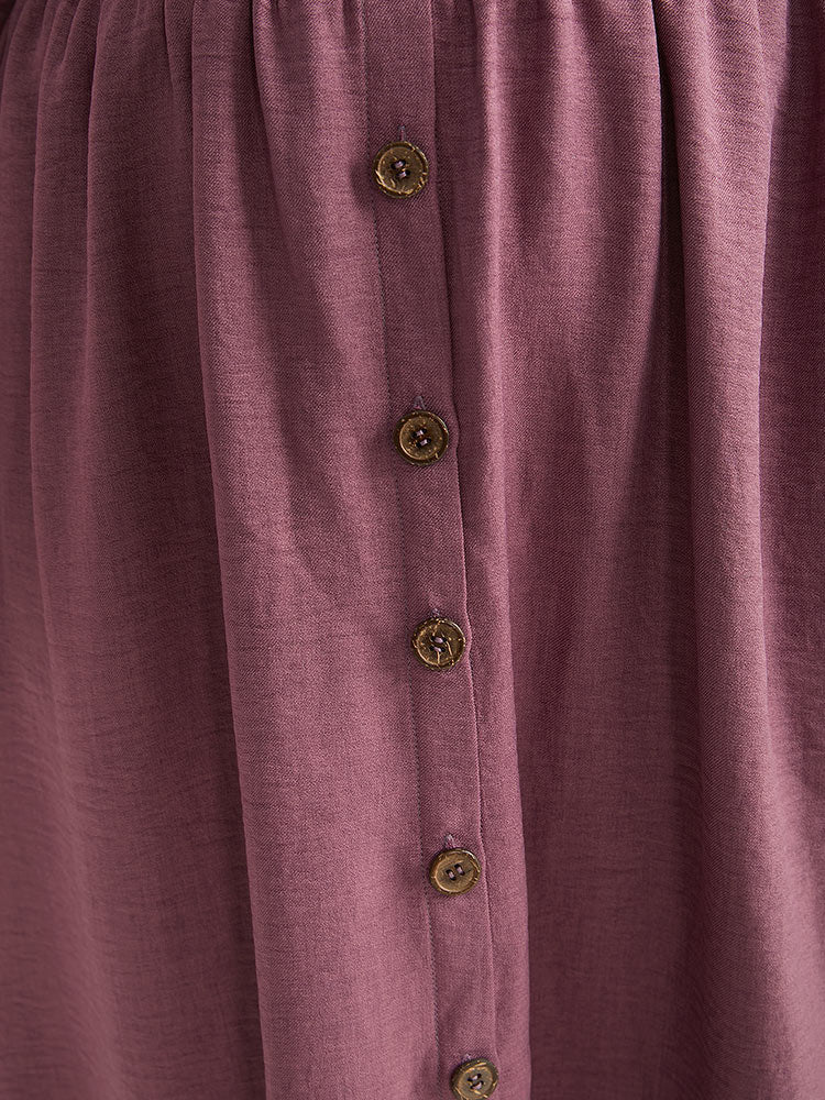 Twill Gathered Button Detail Lantern Sleeve Dress