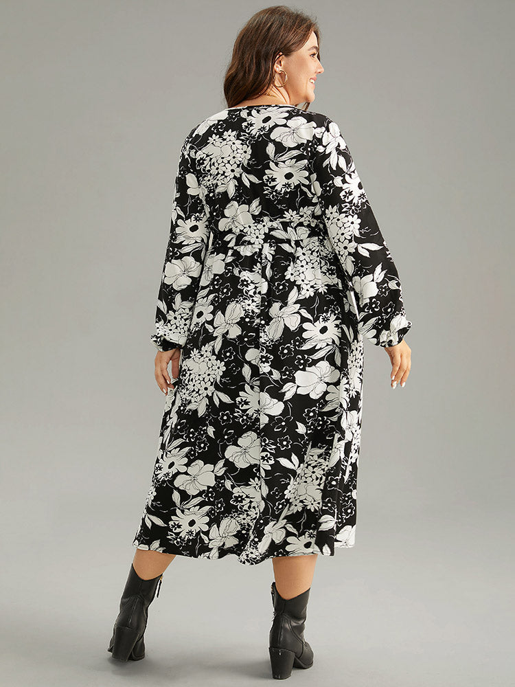 Floral Belted V Neck Lantern Sleeve Dress