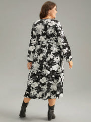 Floral Belted V Neck Lantern Sleeve Dress