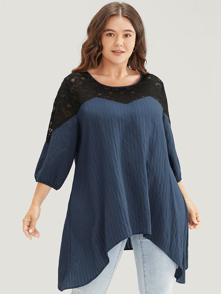 Plain Contrast Lace Asymmetrical Lantern Sleeve Blouse