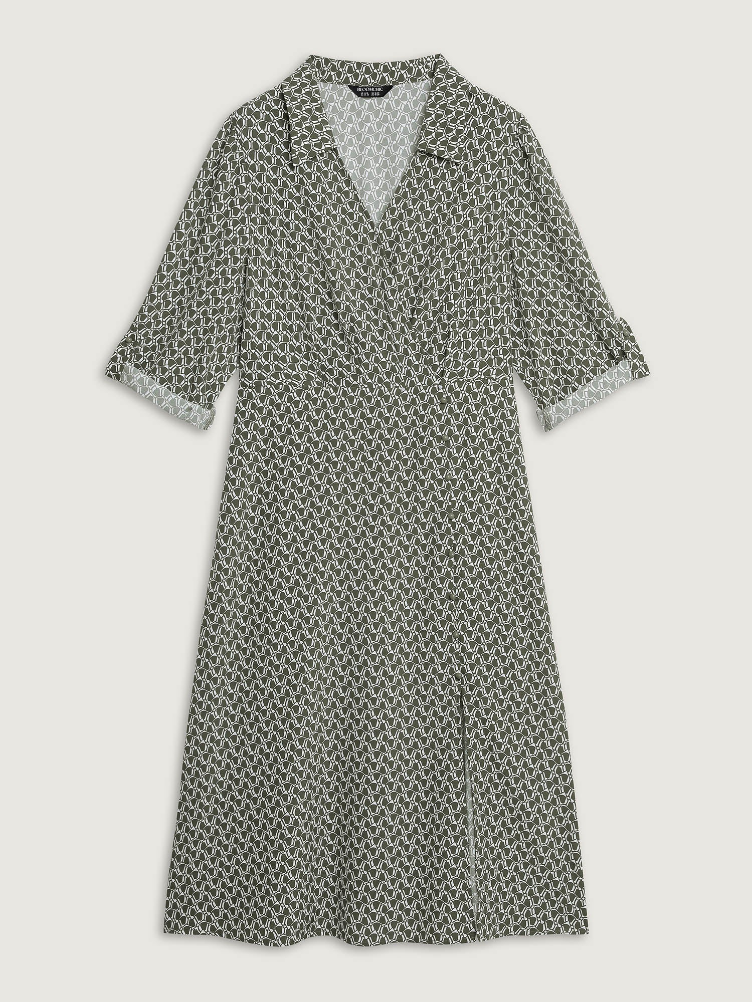 Geometric Print Split Wrap Collar Maxi Dress