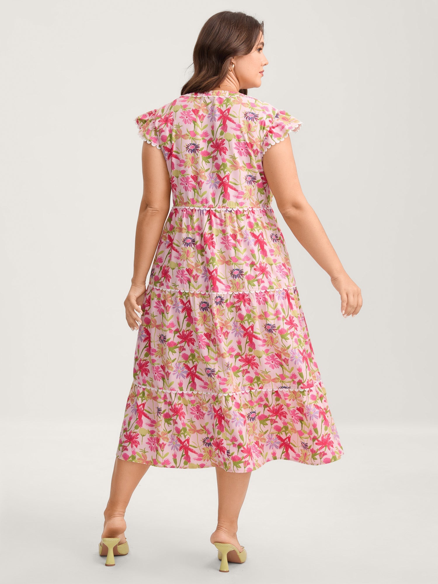 Floral Color Block Lace Trim Midi Dress