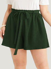 Plain Paperbag Waist Ruffle Trim Belt Shorts