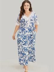 Floral Belted Pocket Lace Trim Wrap Jumpsuit