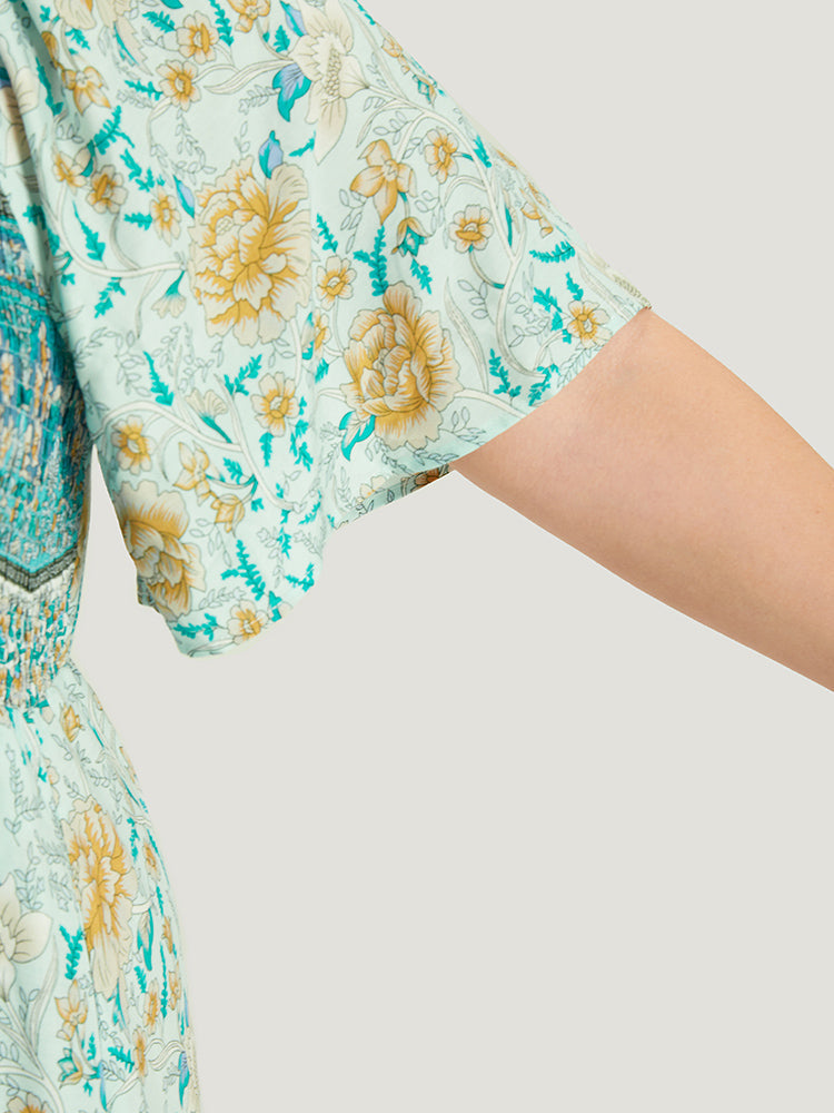 Floral Print Shirred Square Neck Dress