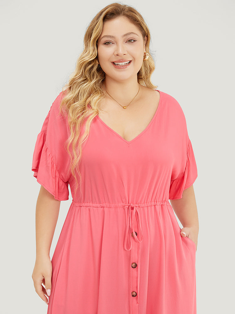 Solid Flutter Sleeve Button Detail Pocket Drawstring Dress