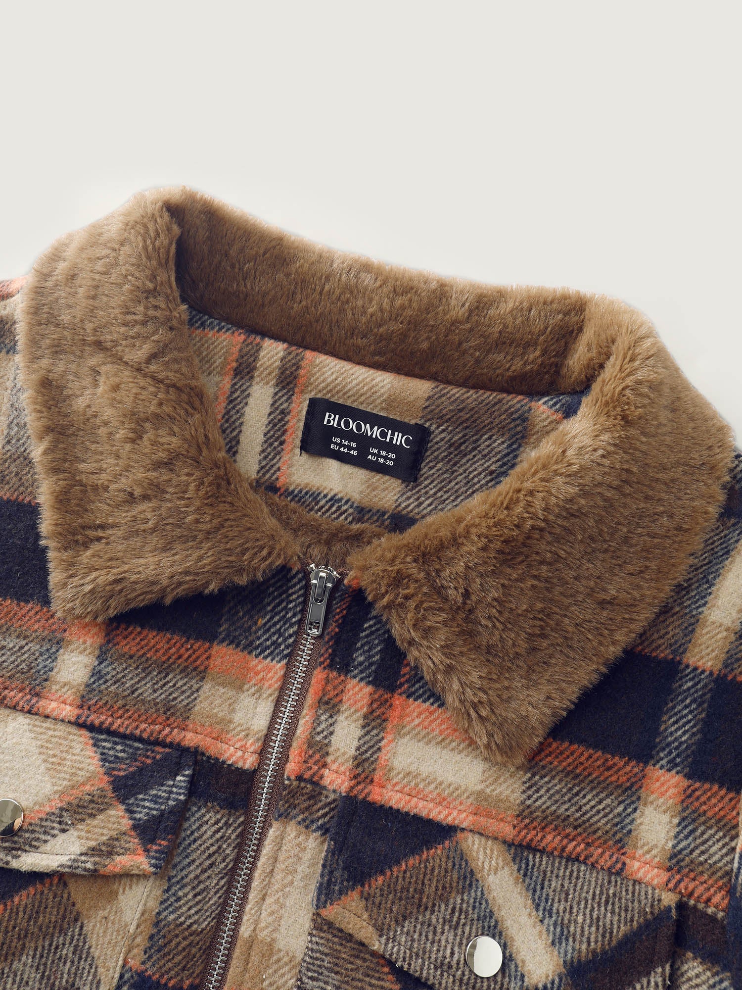 Plaid Pattern Fuzzy Collar Zipper Jacket