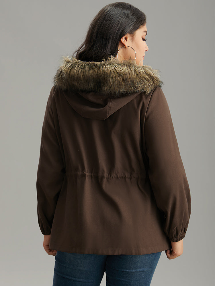 Fuzzy Trim Patchwork Zipper Drawstring Buckle Detail Jacket