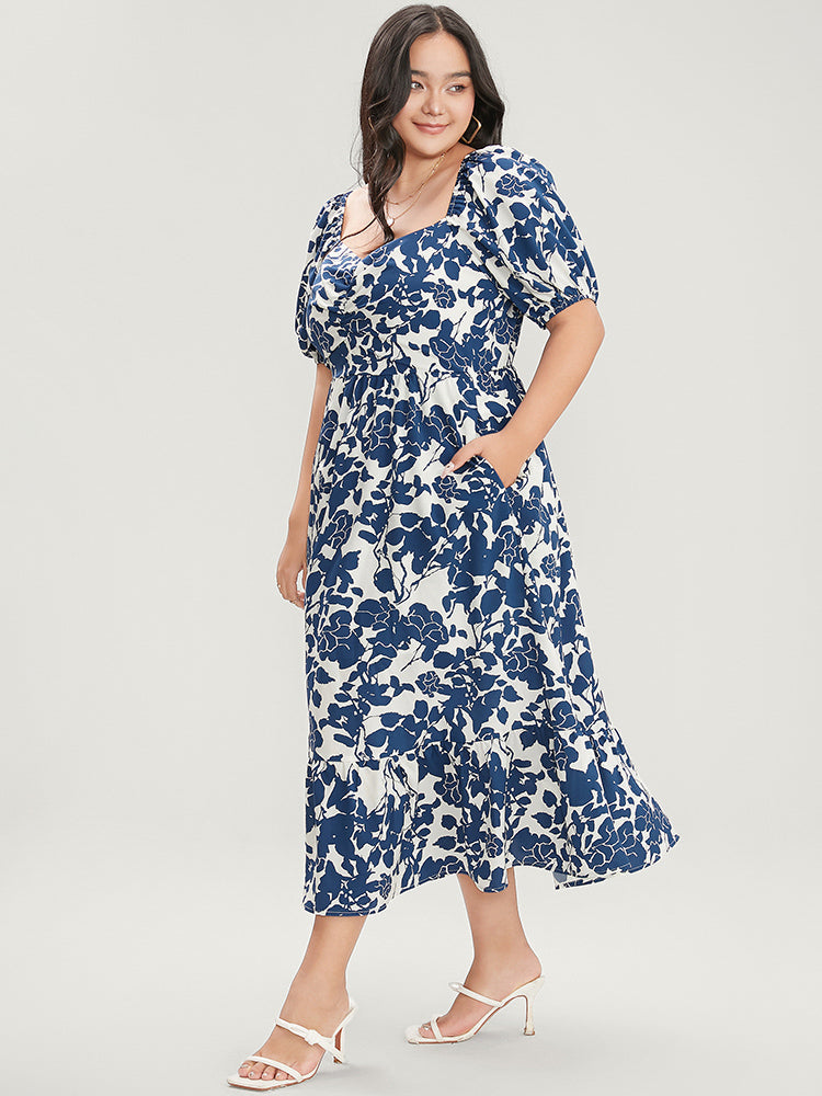 Floral Print Pocket Puff Sleeve Ruched Pocket Ruffle Hem Dress