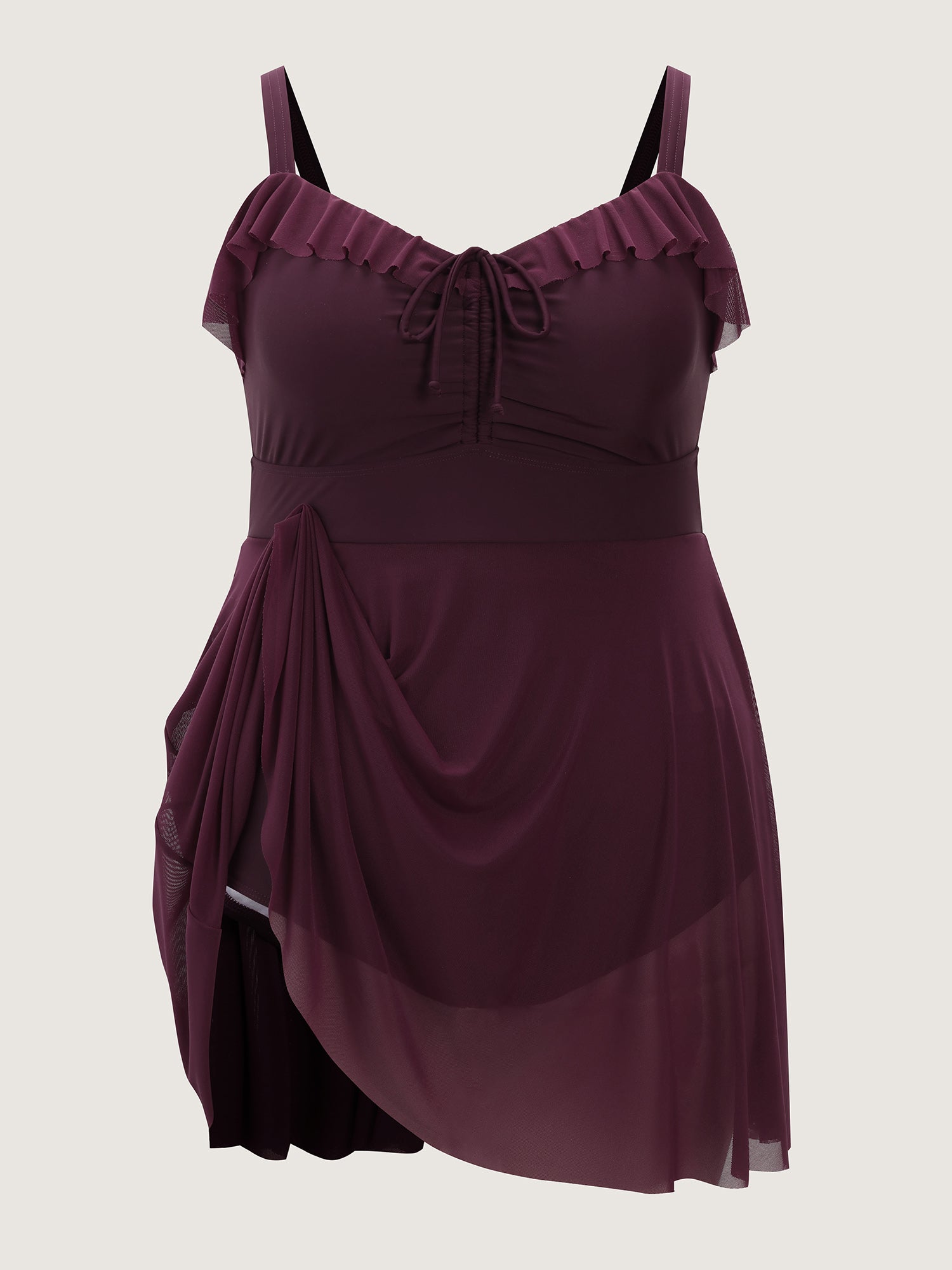 Sheer Ruffled Channel Drawstring Swim Dress