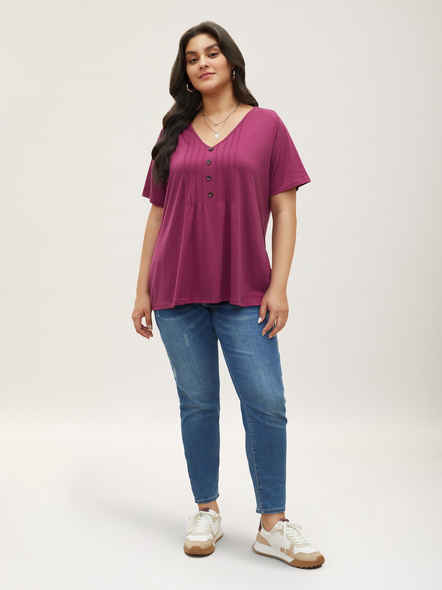 Solid Pleated Front Button Detail V Neck T-shirt