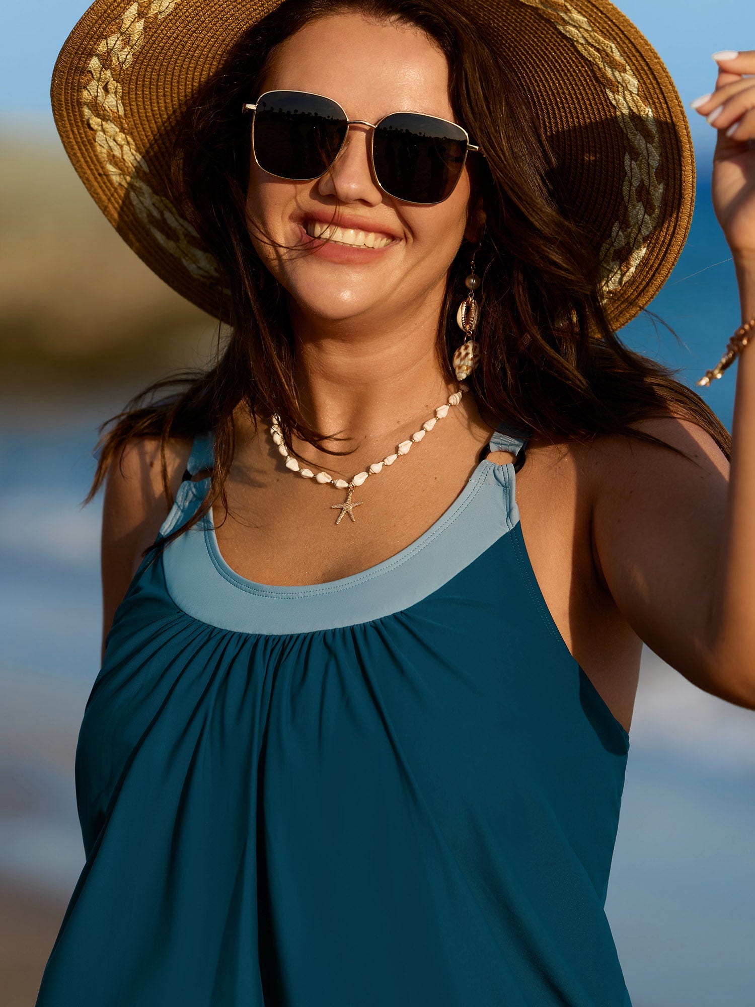 Color Block Pleated Adjustable Swim Top