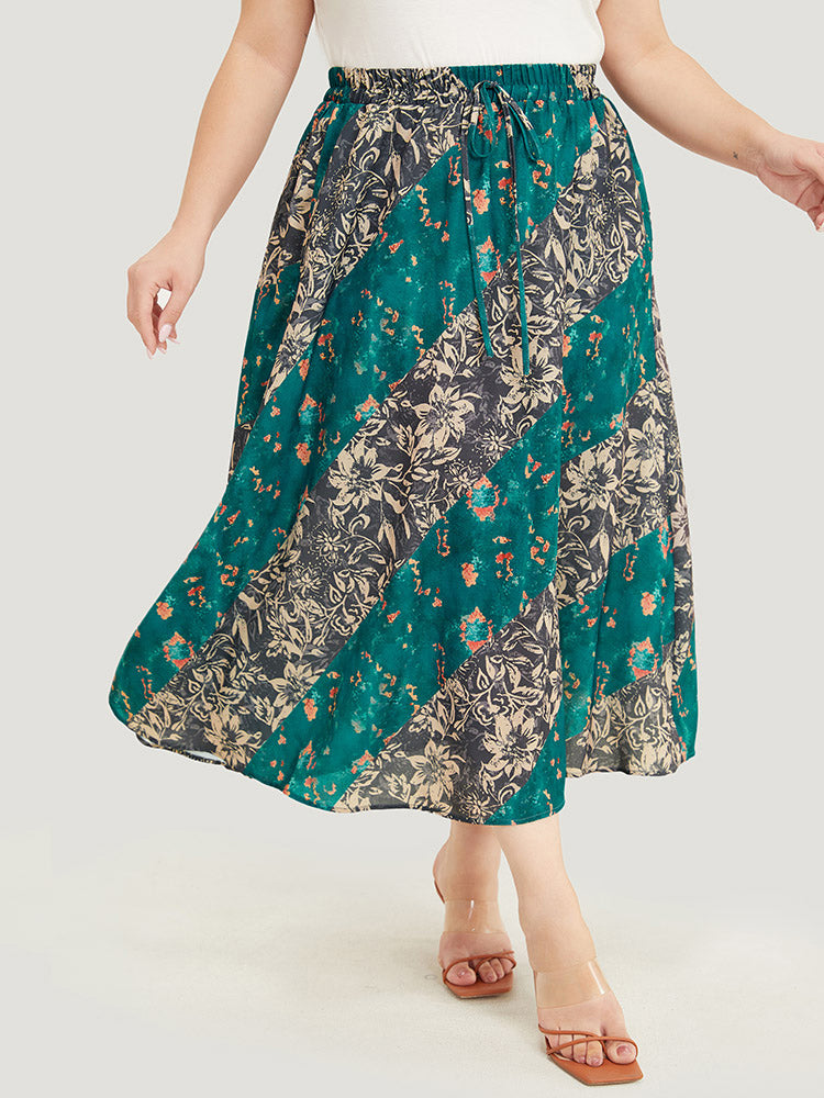 Floral Contrast Pocket Knot Front Skirt
