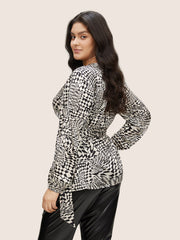 Asymmetrical Geometric Wrap Button Detail Blouse