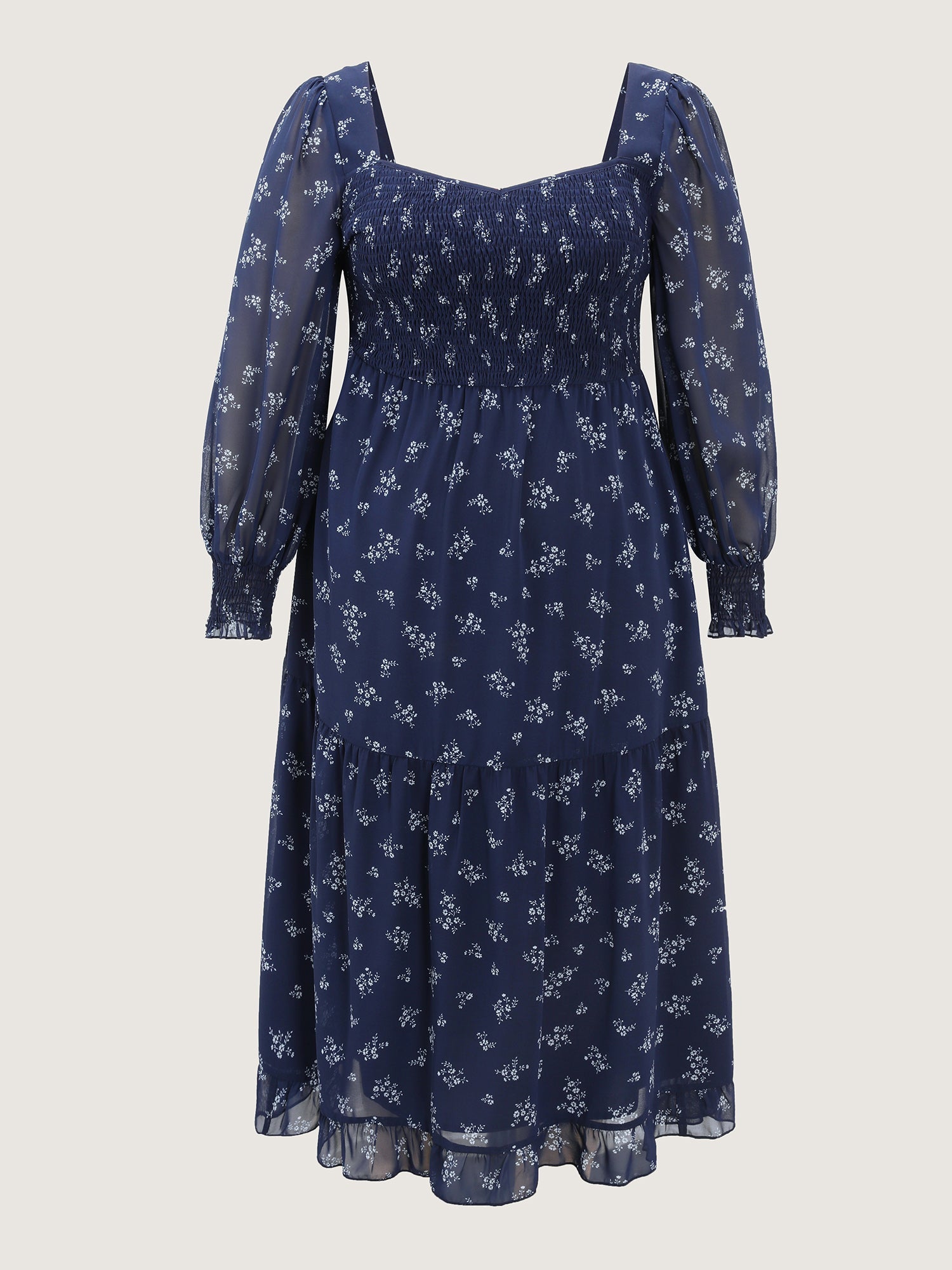 Floral Print Shirred Bodice Sheer Midi Dress