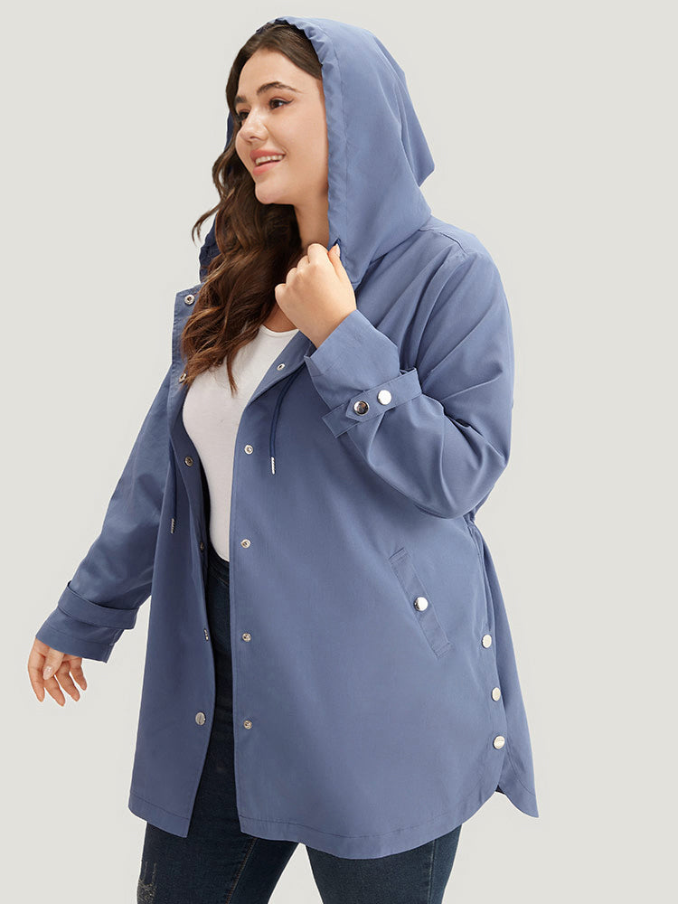 Plain Button Detail Hooded Drawstring Coat