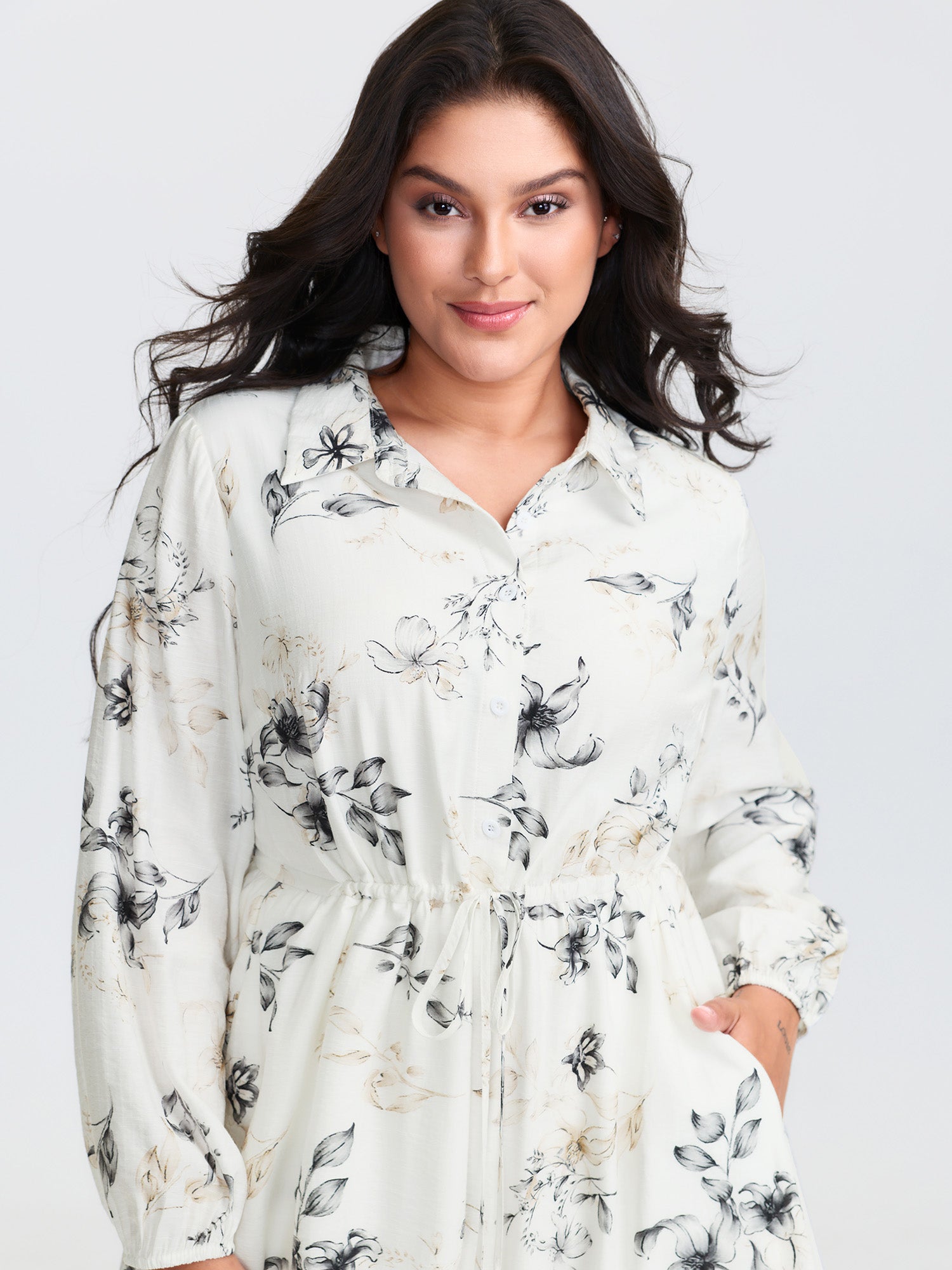 Floral Print Drawstring Waist Midi Dress