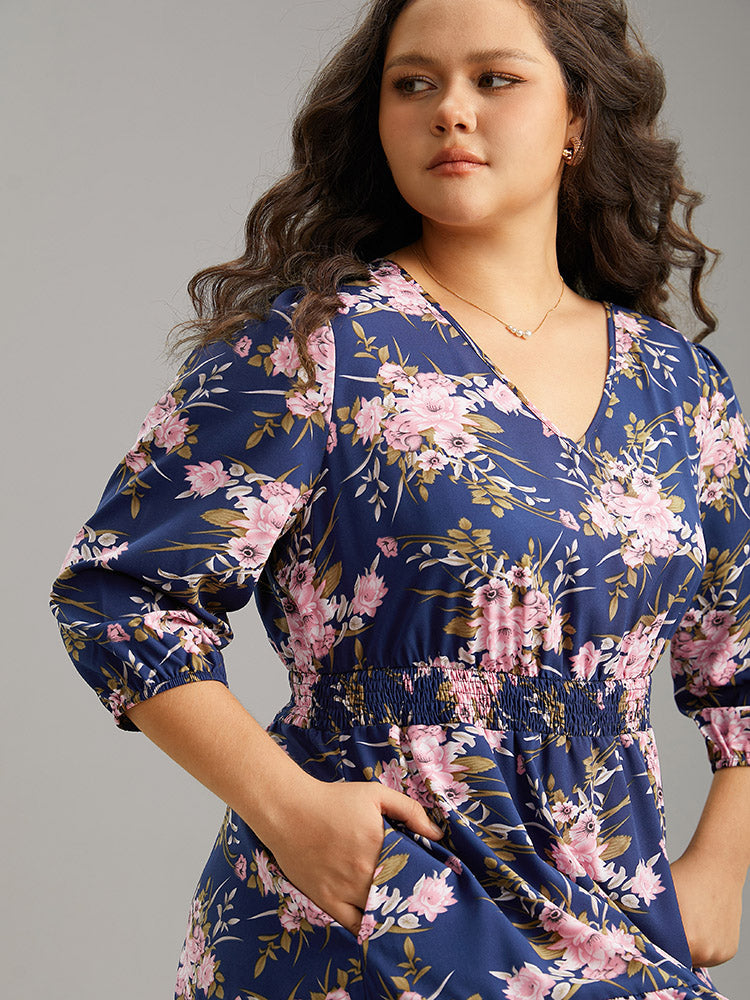 Floral Print Shirred Elastic Cuffs Dress