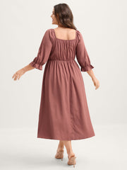 Ruffle Shirred Bodice Pockets Midi Dress