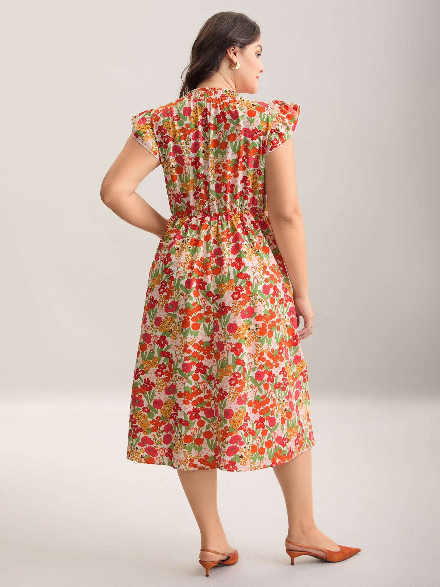 Floral Print Shirred Pockets Midi Dress