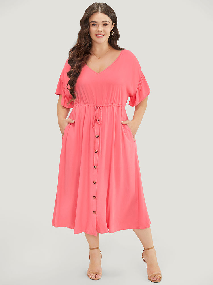 Solid Flutter Sleeve Button Detail Pocket Drawstring Dress