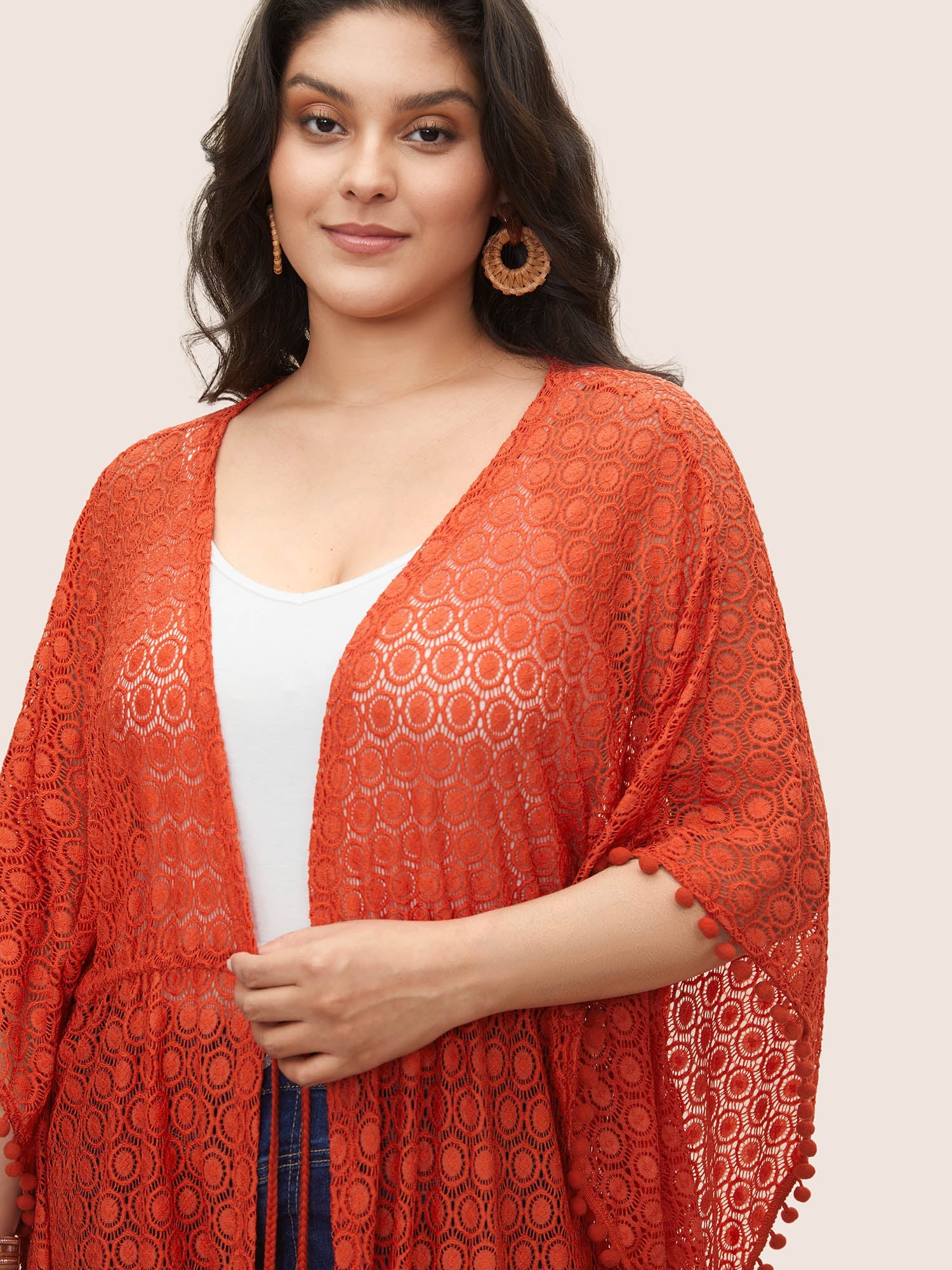 Solid Texture Tassels Drawstring Pompom Trim Cover Up