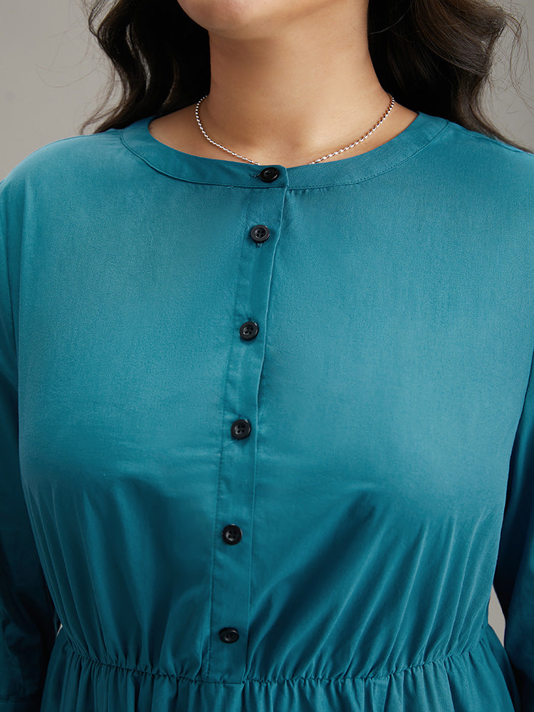 Solid Button Up Ruffles Pocket Gathered Dress