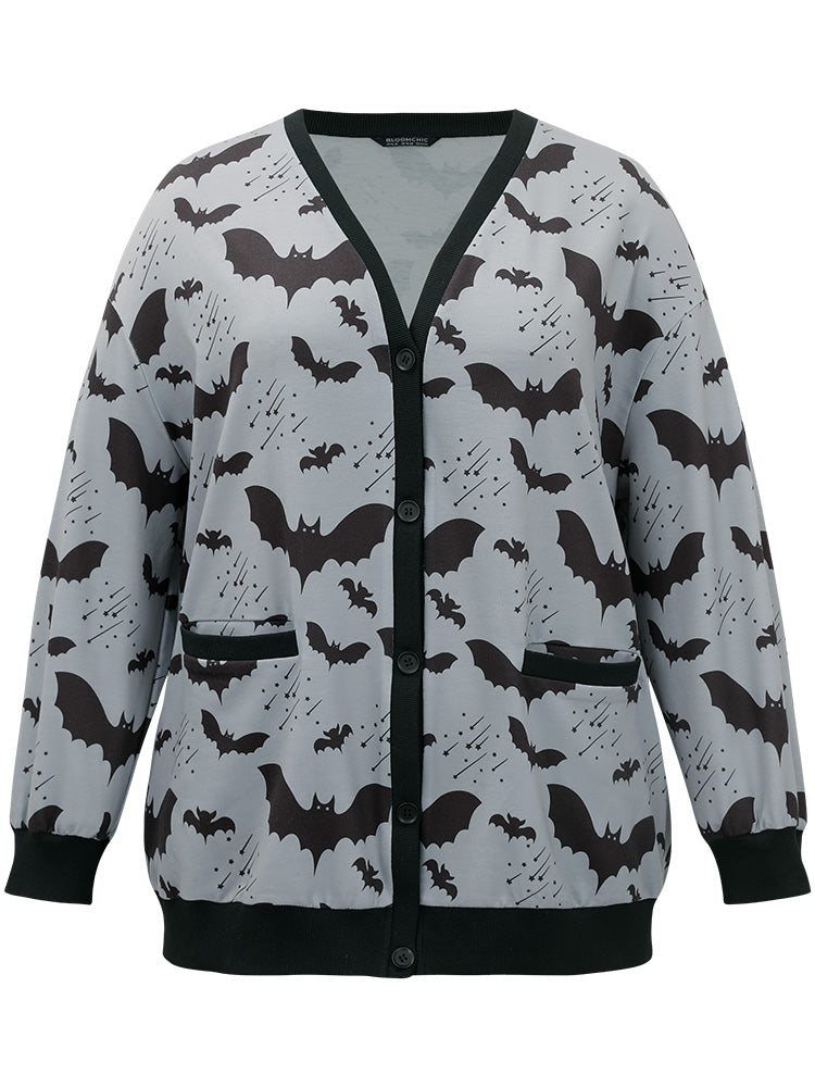 Halloween Bat Print Pocket Button Up Rib Knit Coat