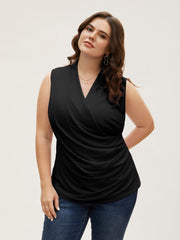 Overlap Collar Solid Pleated Tank Top