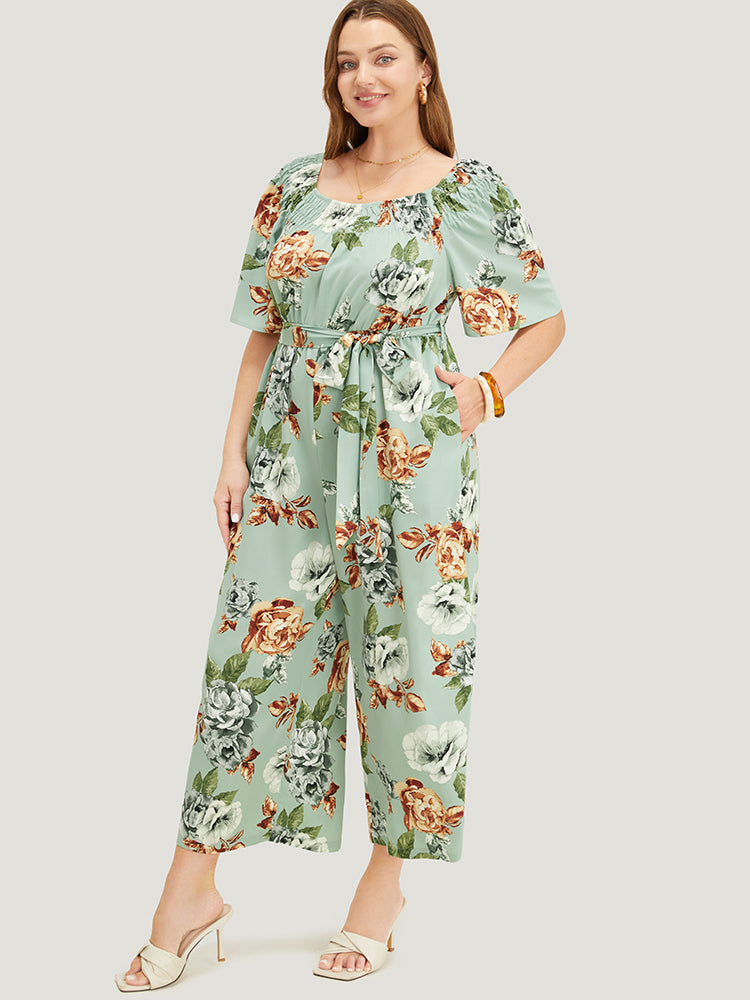 Floral Flutter Sleeve Gathered Belt Pocket Jumpsuit