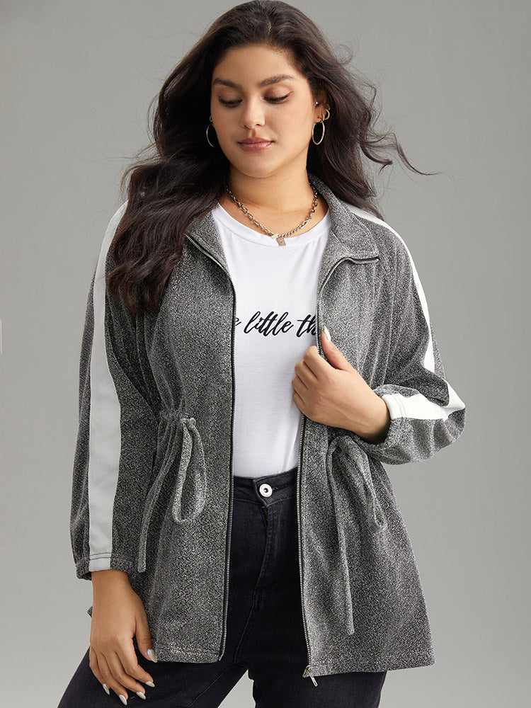 Patchwork Contrast Trim Drawstring Zipper Jacket