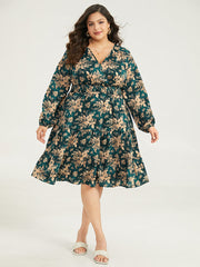 Silhouette Floral Print Surplice Neck Shirred Dress