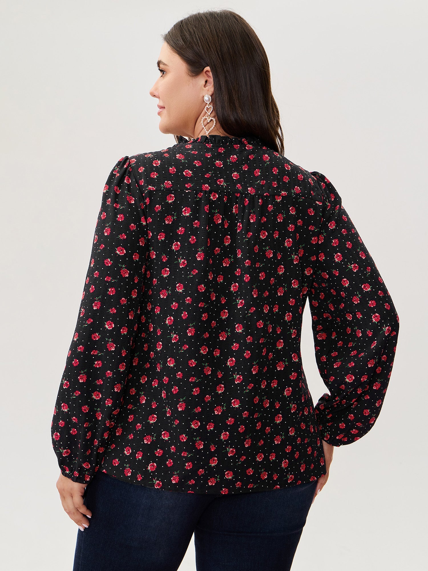 Shirred Ruffled Collar Floral Blouse