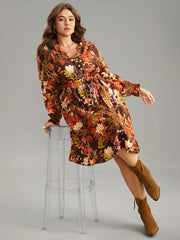 Floral Belted Notched Lantern Sleeve Ruffles Dress