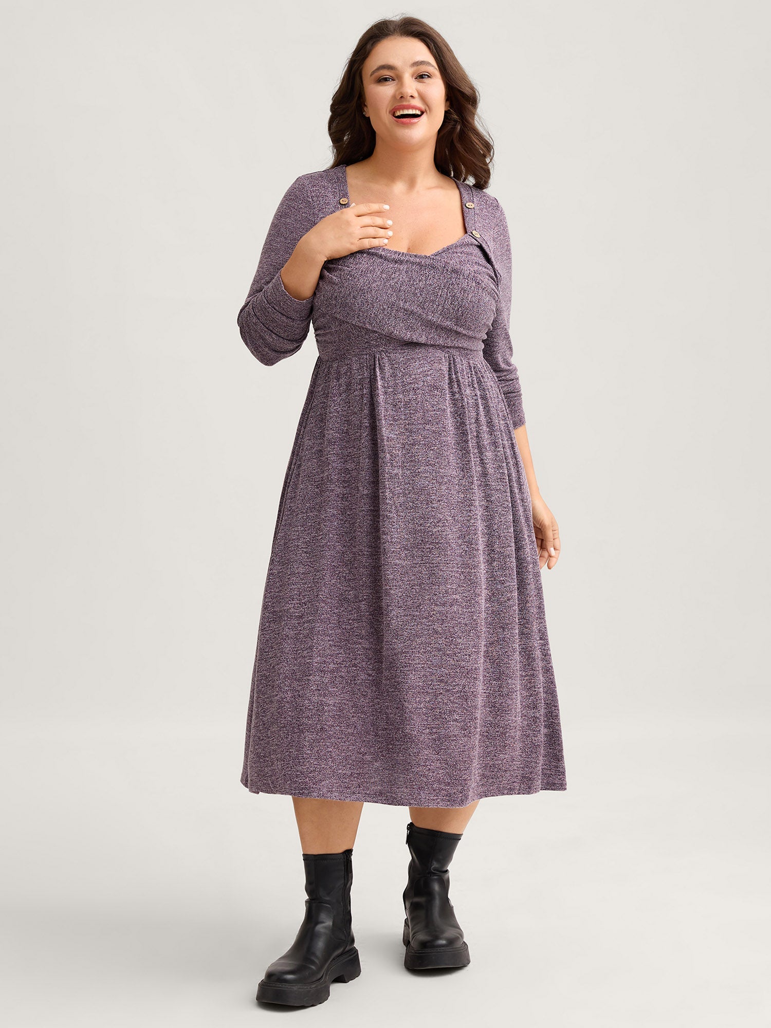 Heart Neckline Button Detailing Crossover Fit Dress