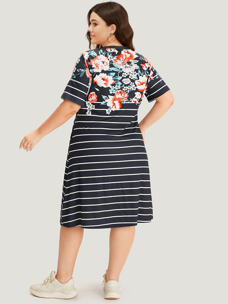 Floral & Striped Print Pocket V Neck Dress