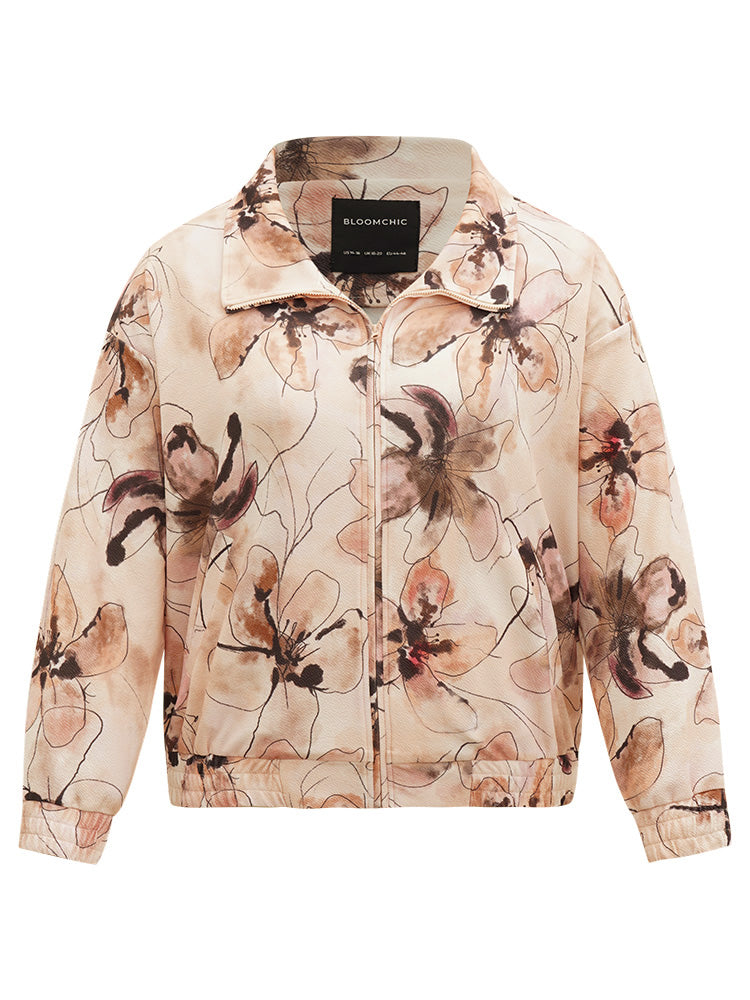 Floral Zipper Gathered Elastic Cuffs Jacket