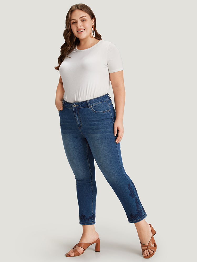 Floral Embroidered High Rise Dark Wash Jeans