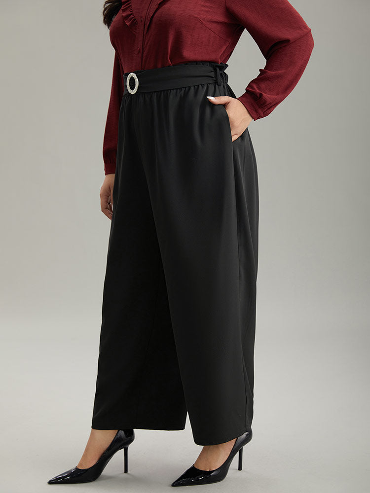 Static-Free Solid Glitter Buckle Detail Belted Pants