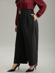 Static-Free Solid Glitter Buckle Detail Belted Pants