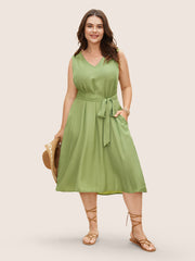 Solid Back Cut Out Belted Dress