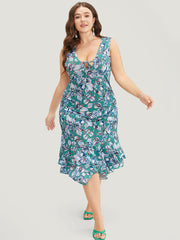 Floral Print Hanky Hem Knot Deep V Neck Tank Dress