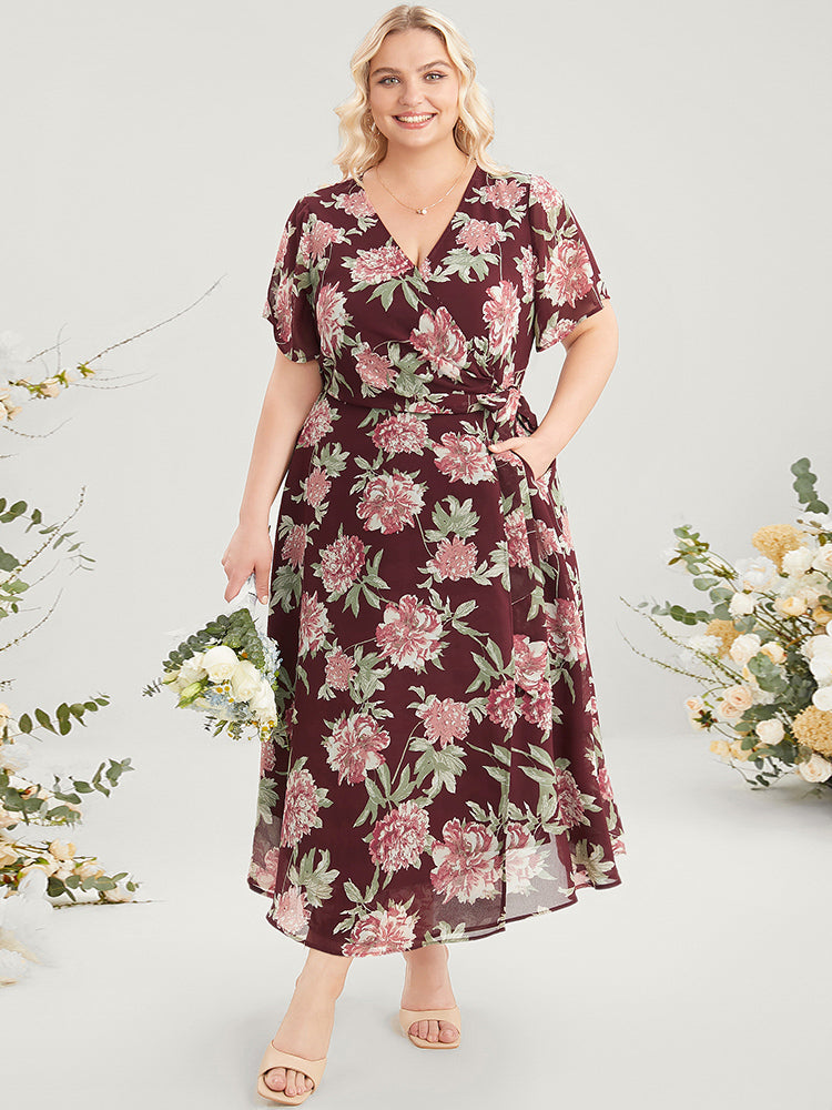 Floral Print Belted Surplice Neck Flutter Pocket Maxi Dress