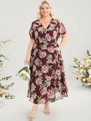 Floral Print Belted Surplice Neck Flutter Pocket Maxi Dress