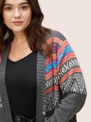 Boho Contrast Jacquard Patched Pocket Cardigan
