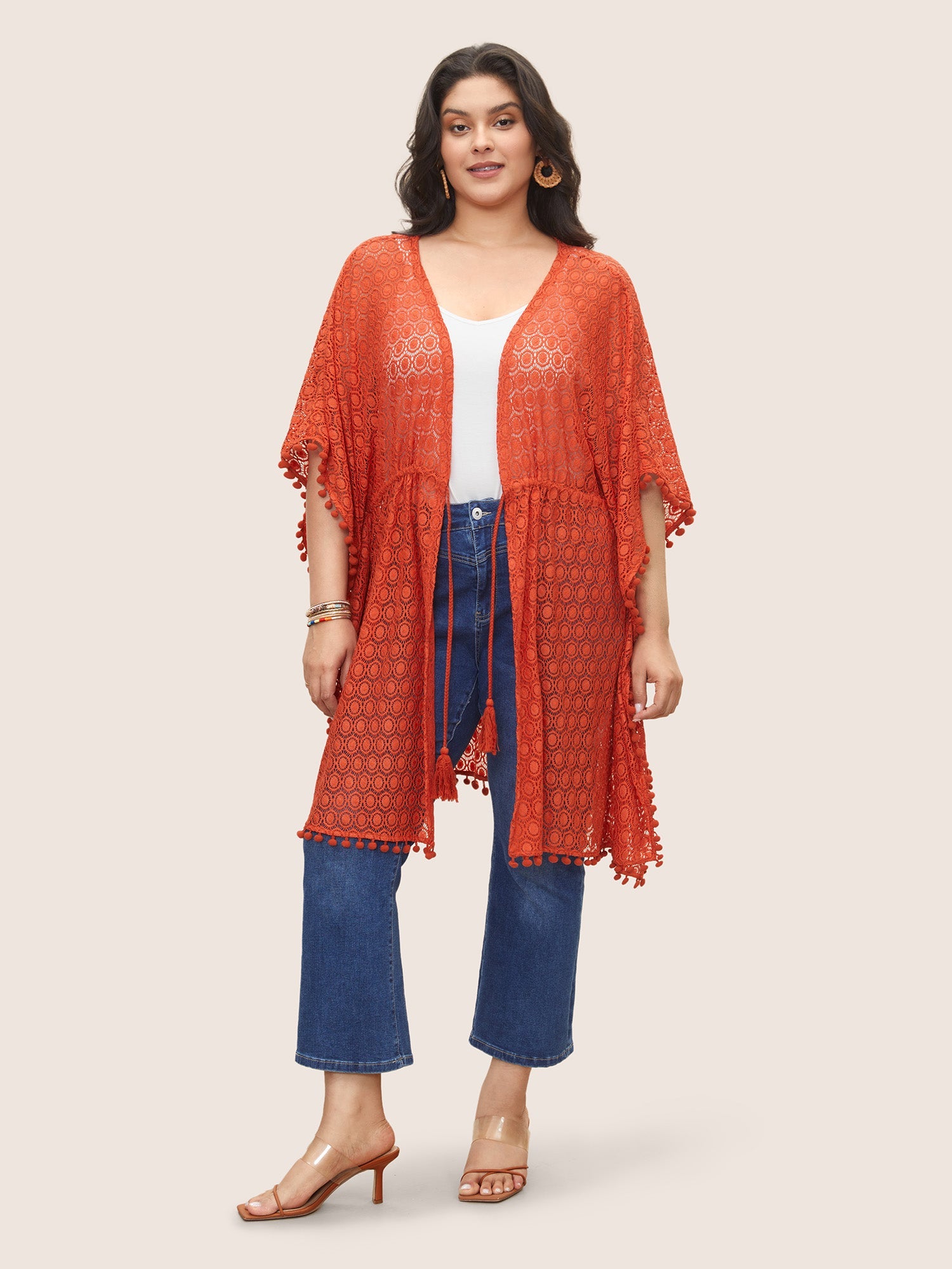 Solid Texture Tassels Drawstring Pompom Trim Cover Up