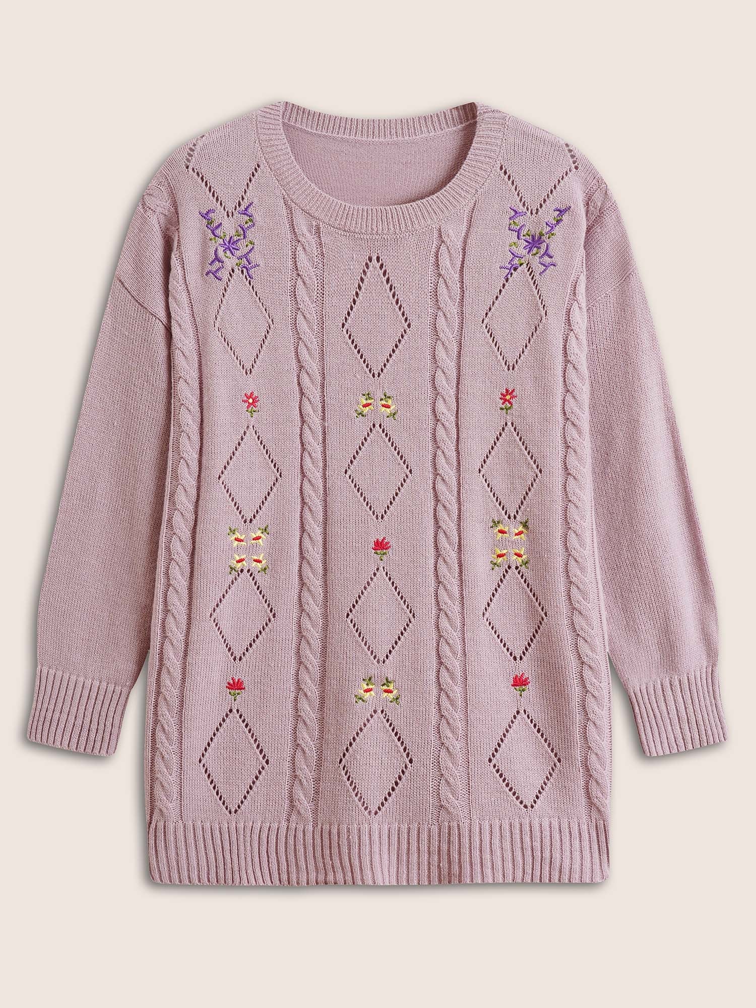 Floral Embroidered Geometric Hollow Out Cable Knit Pullover
