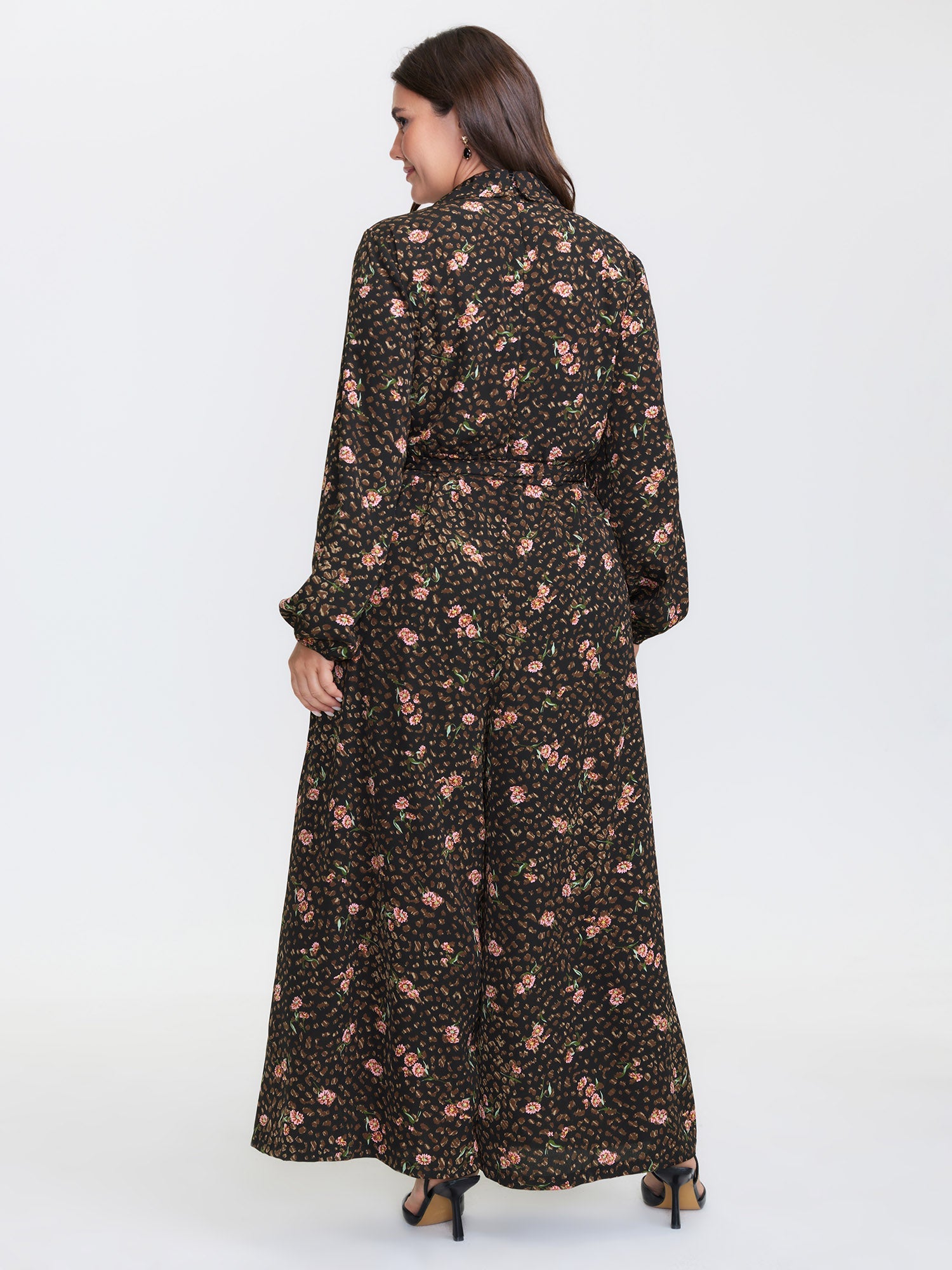 Floral Leopard Print Belted Collar Jumpsuit