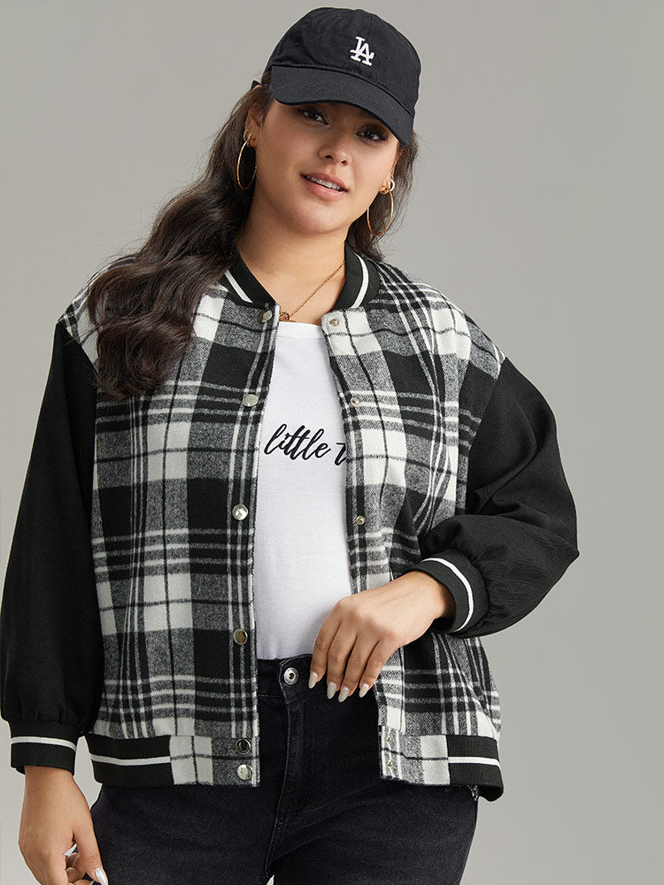 Plaid Button Through Pocket Baseball Collar Bomber Jacket