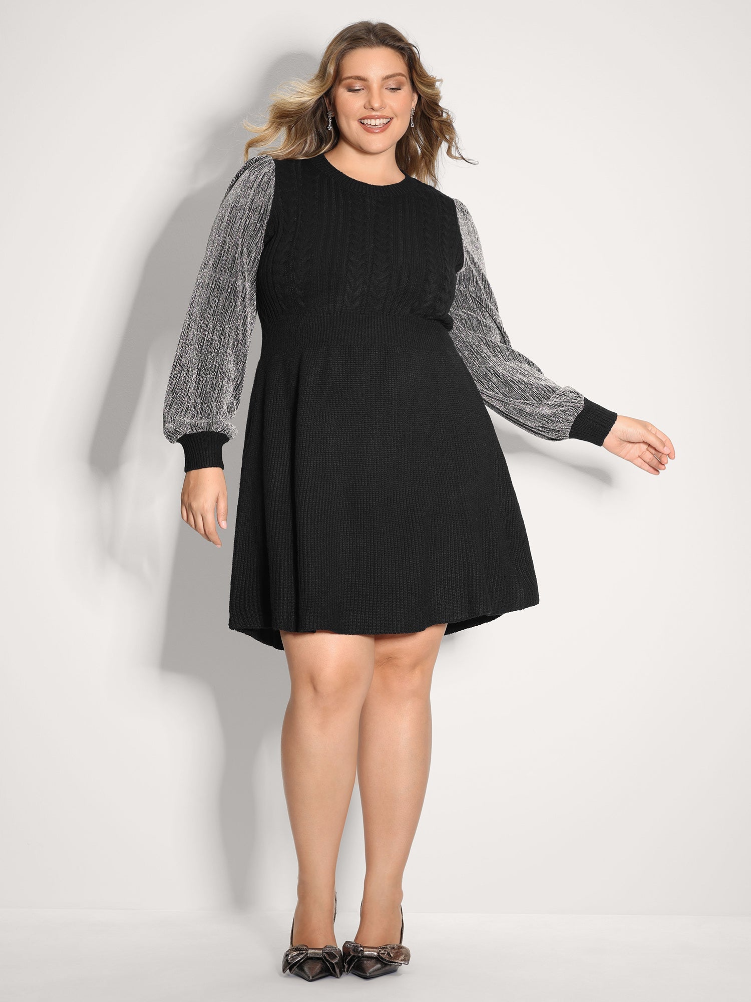 Glitter Textured Contrast Sleeve Midi Sweater Dress